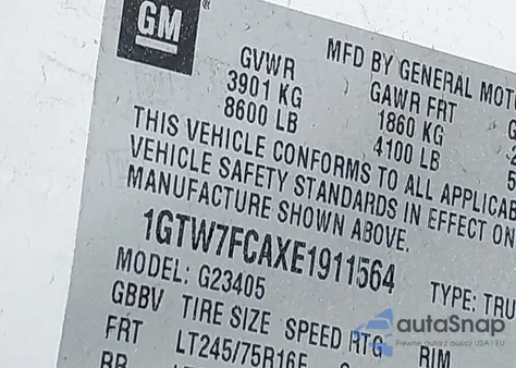 2014 GMC Savana 2500 Work Van z USA, uszkodzony, nr VIN 1GTW7FCAXE1911564